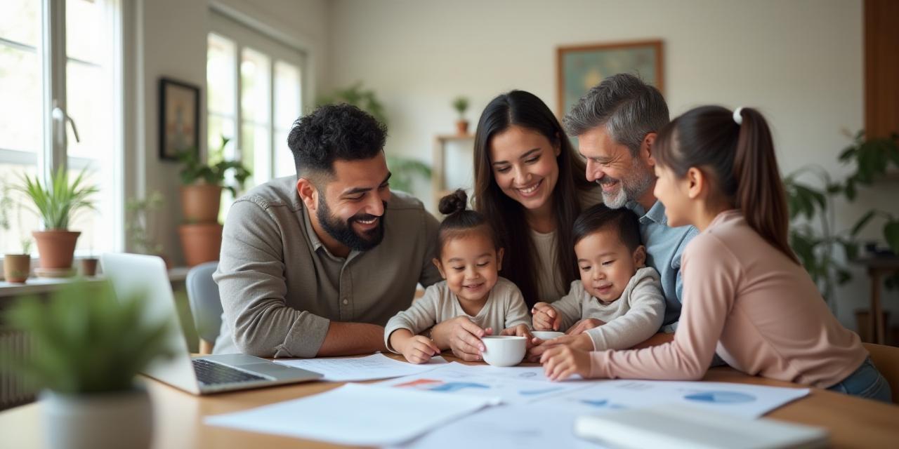 Familia planificando su ahorro en casa